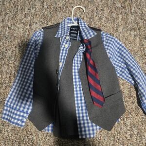 Gray Vest with Blue Checkered Shirt and Red Striped Tie